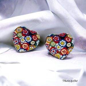 Vintage Porcelain Tapestry Heart Shaped Multicolored Clip On Earrings